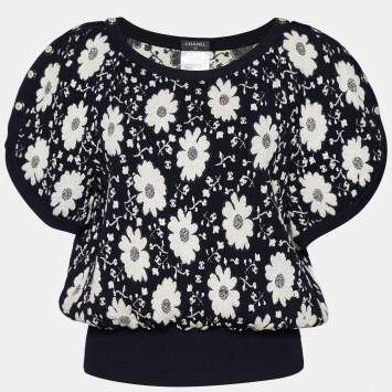 Pre Owned Chanel Monochrome Floral Jacquard Knit Ribbed Trim Short Sleeve Top M