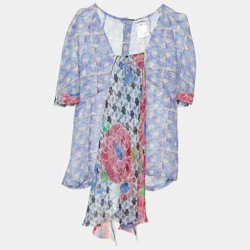 مملوكة مسبقًا Chanel Blue Floral Print Crepe Silk Neck Scarf Detail Blouse L