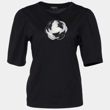 Pre Owned Chanel Black Jersey Detachable Camelia Brooch T-Shirt L