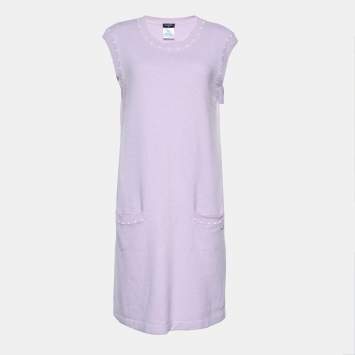 Pre Owned Chanel Lilac Cotton & Cashmere Knit Sleeveless Midi Dress L
