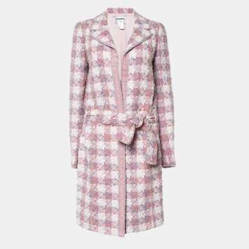 Pre Owned Chanel Vintage Pink Fantasy Tweed Belted Coat M
