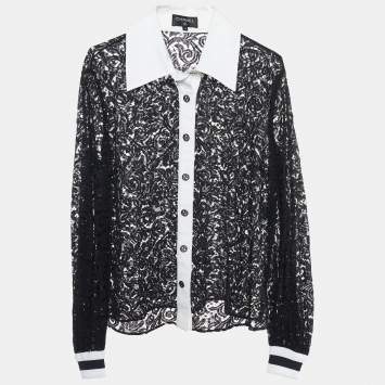 Pre Owned Chanel Black Lace Contrast Detail Button Front Sheer Shirt L