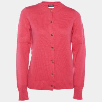 Pre Owned Chanel Pink Cashmere Buckle Lock Cardigan M
