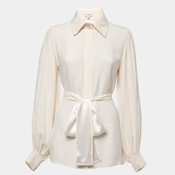 Pre Owned Chanel Cream Silk Belted Long Sleeve Shirt S