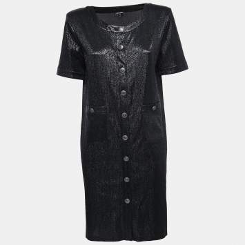 Pre Owned Chanel Black Metallic Lurex Knit Shift Dress M