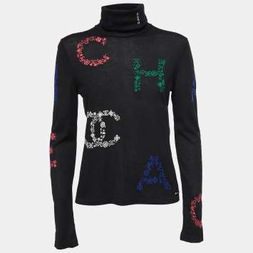Pre Owned Chanel Black Patterned Cashmere Turtleneck Pullover L