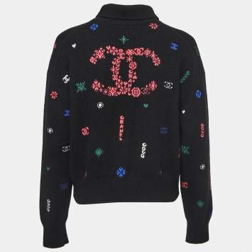 Pre Owned Chanel Black Patterned Cashmere Turtleneck Sweater M