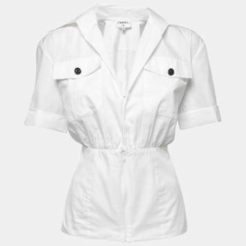 Pre Owned Chanel White Cotton Short Sleeve Fitted Top S