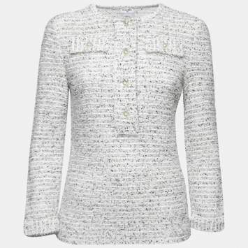 Pre Owned Chanel White/Black Tweed Long Sleeve Knit Top M