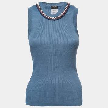 Pre Owned Chanel Blue Linen Rib Knit Braid Detail Tank Top S