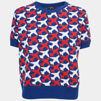 Pre Owned Chanel Blue/Red Airplane Patterned Cashmere Knit Top XL