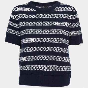 Pre Owned Chanel Navy Blue Chain Link Intarsia Cashmere Knit Top XL
