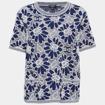 Pre Owned Chanel Navy Blue Camelia Patterned Knit Top XL
