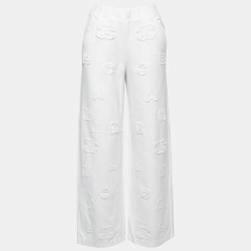 Pre Owned Chanel White Cotton Logo Detail Wide Leg Pants S