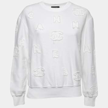 Pre Owned Chanel White Cotton Logo Detail Crew Neck Sweatshirt S