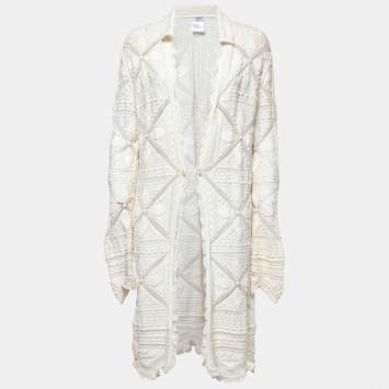 مملوكة مسبقًا Chanel Cream Patterned Crochet Knit Cardigan L