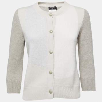 Pre Owned Chanel Beige Colorblock Cashmere Knit Button Front Cardigan M