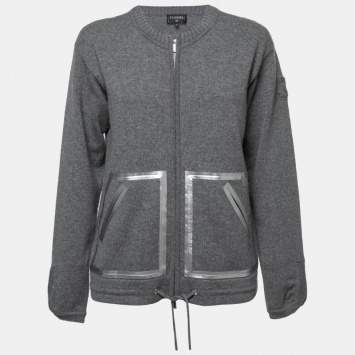 Pre Owned Chanel Grey Cashmere Silver Foil Detail Zip Up Sweater M