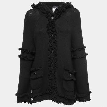 Pre Owned Chanel Black Cashmere Frayed-Trim Hooded Cardigan L