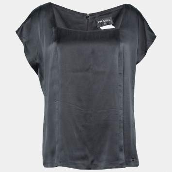 Chanel Black Silk Satin Square Neck Top L
