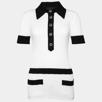 Pre Owned Chanel White Cotton Knit Contrast Detail Polo T-Shirt L