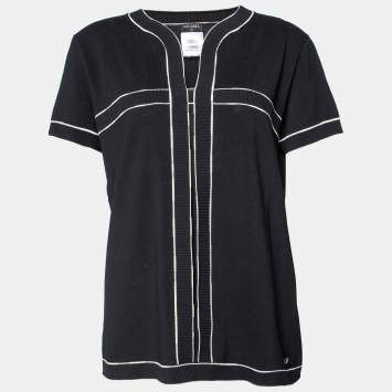 Pre Owned Chanel Black Cotton Knit Contrast Detail T-Shirt L