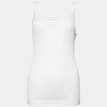 Pre Owned Chanel White Cotton Patterned Knit Tank Top L