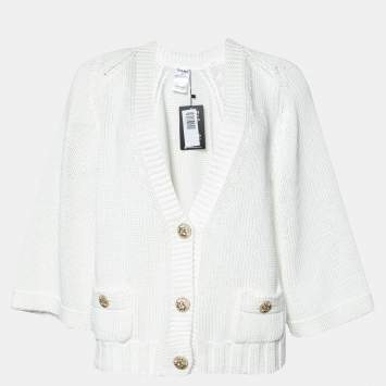 Pre Owned Chanel White Cotton Cable Knit Button Front Cardigan M