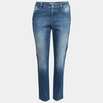 Pre Owned Chanel Blue Denim Braided Stripe Detail Jeans M Waist 28"