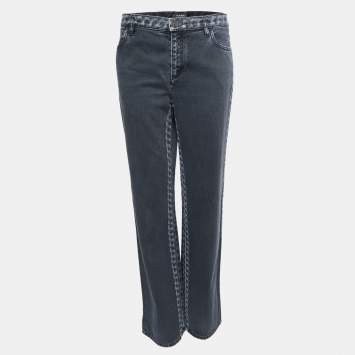 Pre Owned Chanel Dark Grey Denim Chain Print Detailed Jeans M Waist 30"