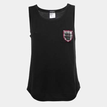 Pre Owned Chanel Black Wool Knit CC Crest Detail Tank Top M