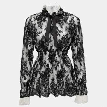 Pre Owned Chanel Black and White Lace Turtle Neck Long Sleeve Salzburg Blouse S