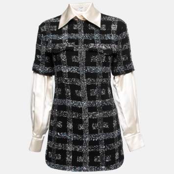 Pre Owned Chanel Black Sequined Knit & Silk Inset Top S