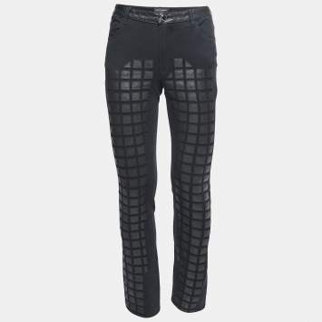 Pre Owned Chanel Black Cotton Knit Leather Trimmed Skinny Jeans M