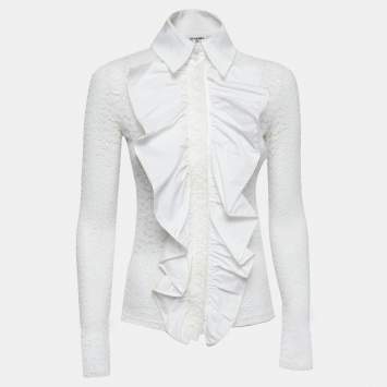 Pre Owned Chanel White Floral Lace Long Sleeve Shirt Blouse S