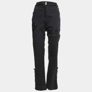 Pre Owned Chanel Black Denim Leather Patchwork Distressed Straight Fit Jeans L Waist 32"