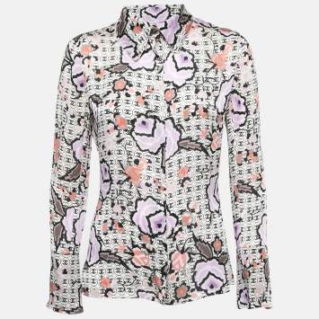 Pre Owned Chanel Vintage White/Black Printed Silk Shirt M