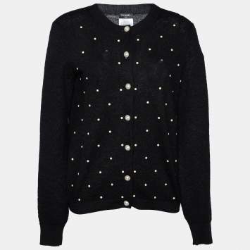 Pre Owned Chanel Black Pearl Embellished Mohair & Cashmere Cardigan M