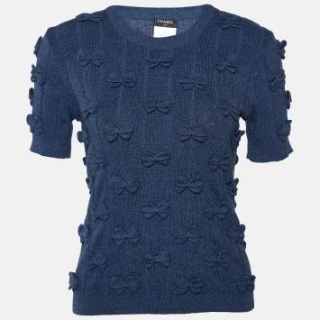 Pre Owned Chanel Navy Blue Cotton Knit Bow Applique Sweater Top M