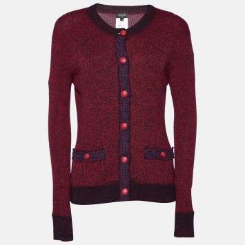 Pre Owned Chanel Burgundy Wool & Cashmere Knit Button Front Cardigan M