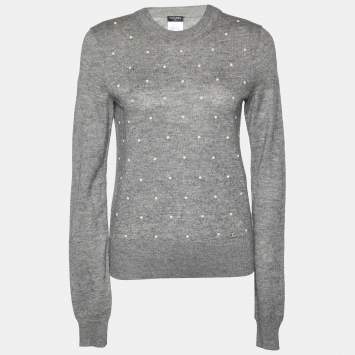 Pre Owned Chanel Grey Pearl Embellished Mohair & Cashmere Long Sleeve Sweater S