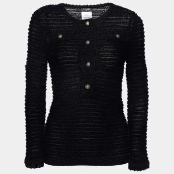 Pre Owned Chanel Black Sheer Knit Boucle Detail Top M