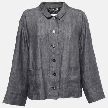 Pre Owned Chanel Vintage Grey Linen Logo Detailed Button Front Full Sleeve Shirt M