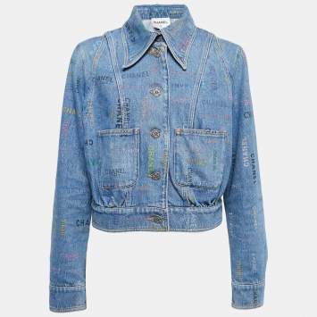 Pre Owned Chanel Blue Logo Printed Denim Button Front Jacket M