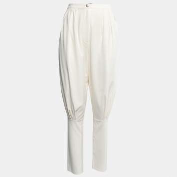 Pre Owned Chanel Cream Stetch Silk Pleated Trousers S