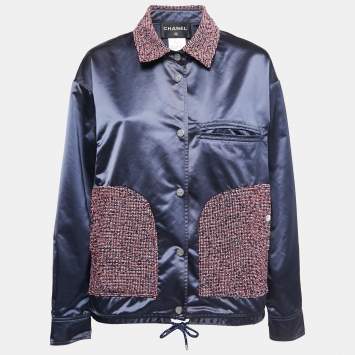Pre Owned Chanel Blue Nylon and Tweed Button Front Jacket S