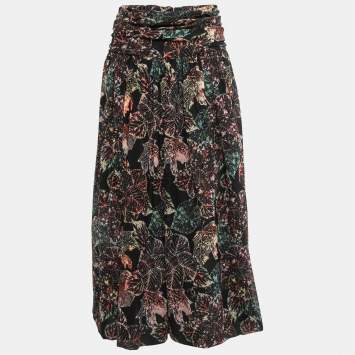 Pre Owned Chanel Black Leaf Printed Chiffon Silk Midi Skirt S