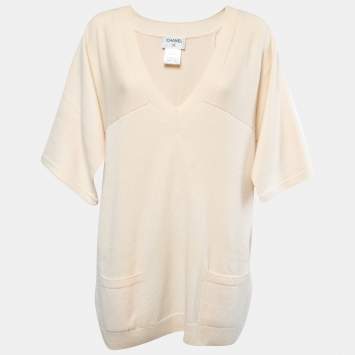 Pre Owned Chanel Cream Cashmere Knit Cape Sleeve Pullover L