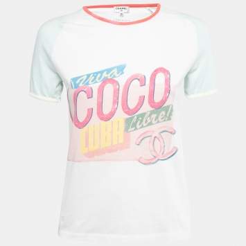 Pre Owned Chanel White Cotton Viva Coco Libre Print T-Shirt XS