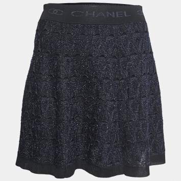 Pre Owned Chanel Navy Blue/Black Textured Knit Elastic Logo Waistband Mini Skirt S